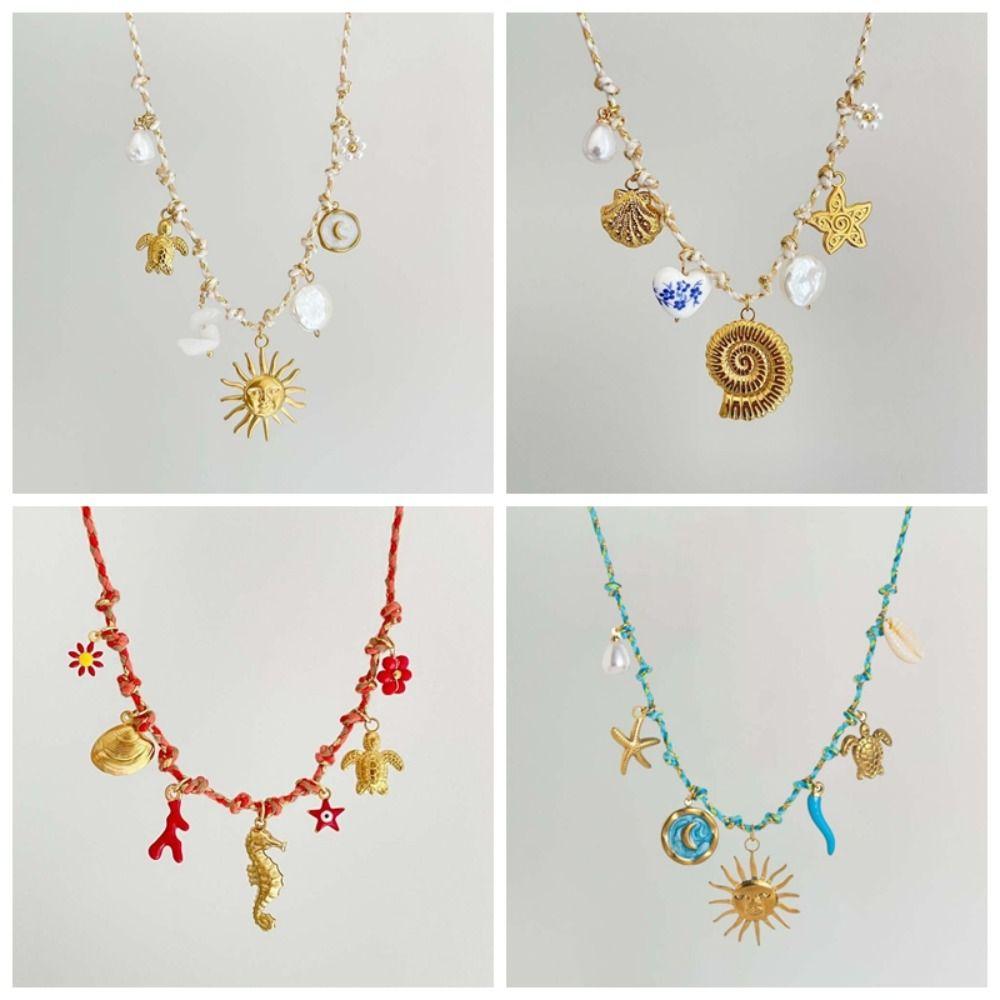 Movable Woven Rope Collarbone Chain Ocean Style Mini Metal Sun Necklace  Kids