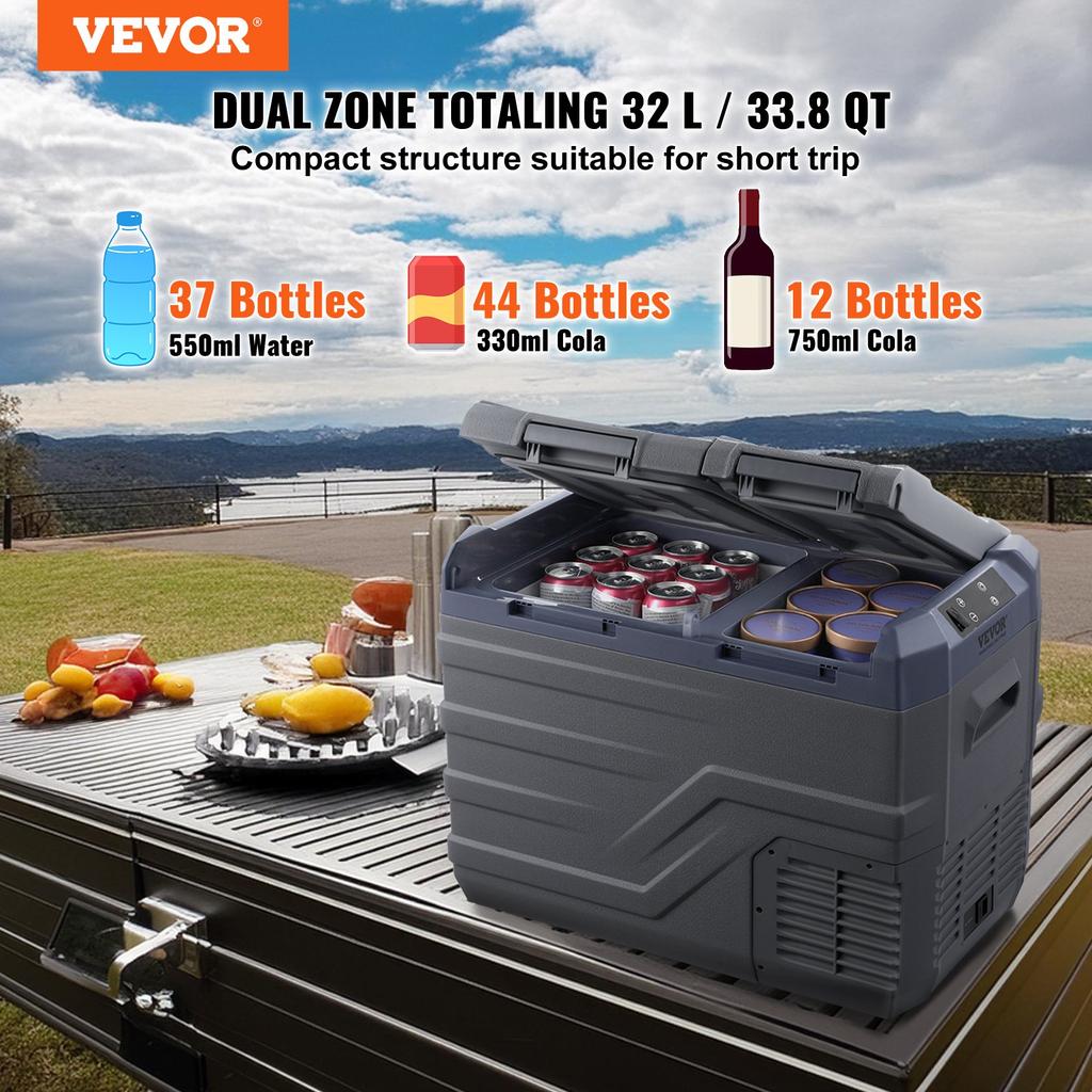 VEVOR Car Refrigerator, 12 Volt Car Refrigerator Fridge, 32 L Dual Zone Portable Freezer, -4 degrees F-68 degrees F Adjustable Range