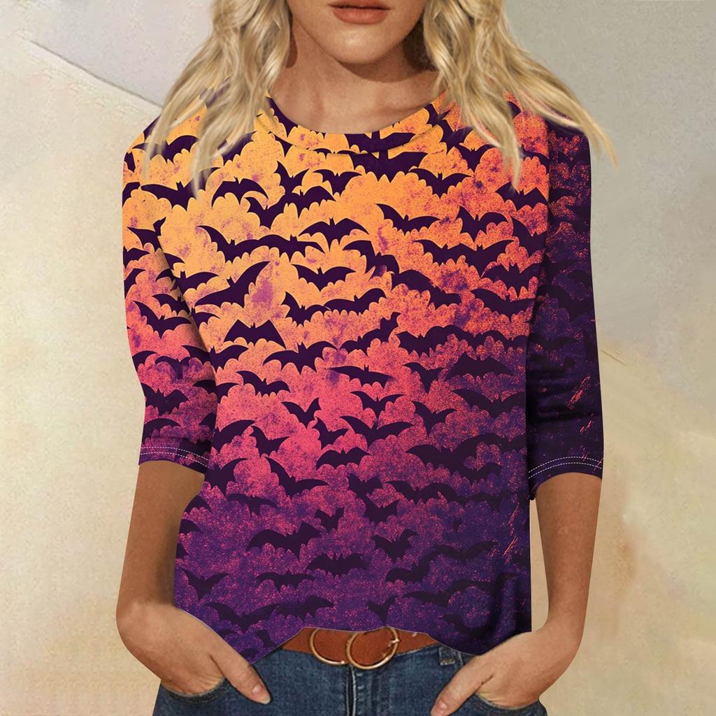 Women's Fashion Casual Round Neck 3/4 Sleeve Loose Printed T-Shirt Ladies Top