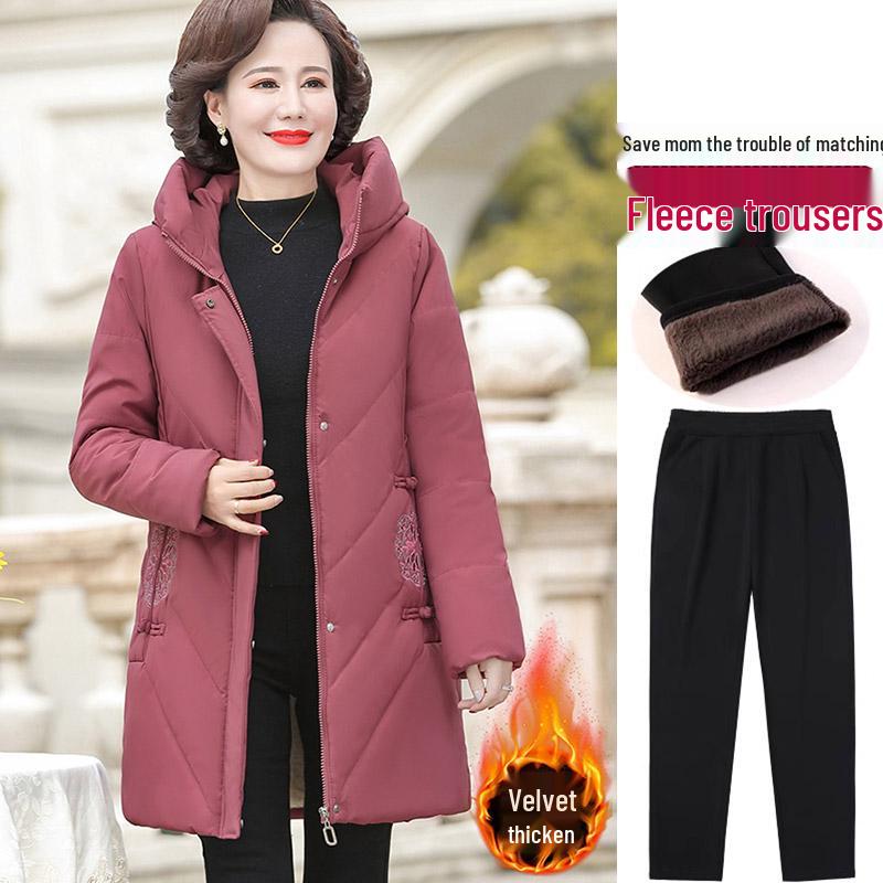 Red Mid-Length Winter Jacket for Middle-Aged and Elderly Women - Thick, Cotton-Padded, Suitable for Spring and Autumn