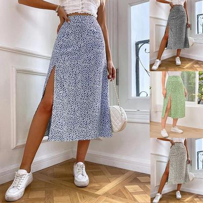 2025 Autumn Floral Print Slit A-Line Mid-Waist Long Skirt