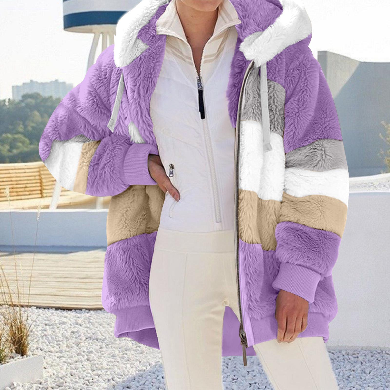 

Женская модная плюшевая лоскутная куртка с капюшоном, длинными рукавами, свободного кроя, теплая XXXXXL фиолетовый