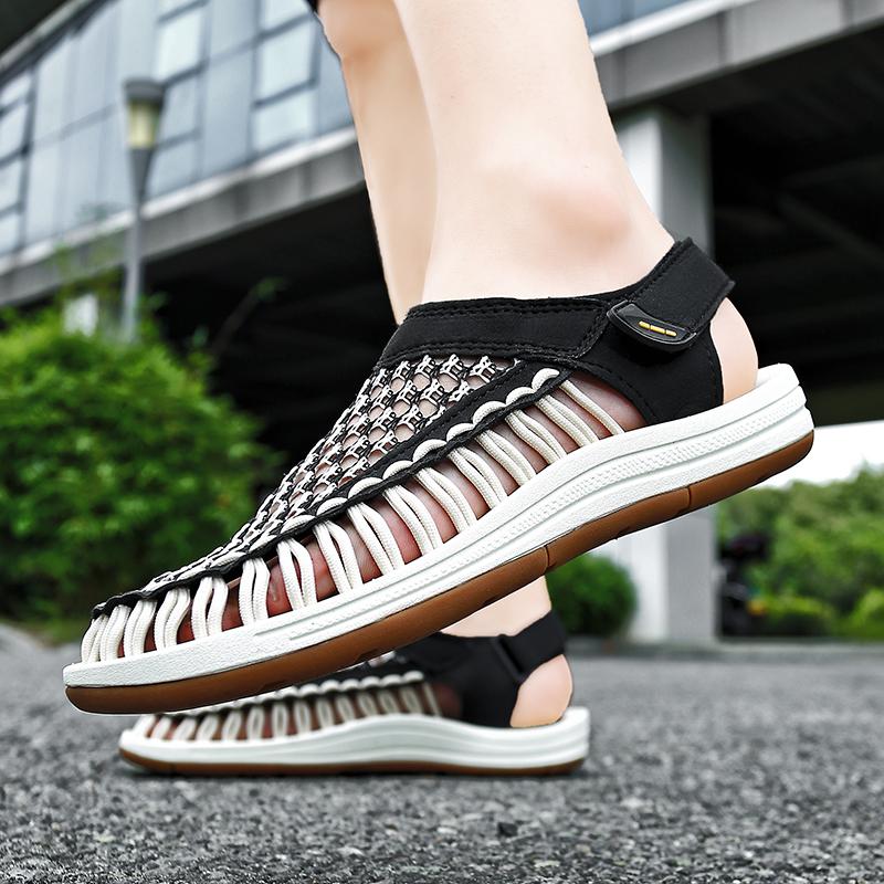 Men Outdoor Hiking Sandals Handmade Summer Black Roman Sandals Wide Beach Water Shoes Plus Size