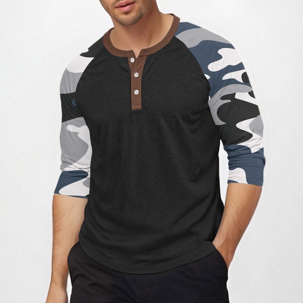 Men's Top with Three-quarter Sleeves and Camouflage Print