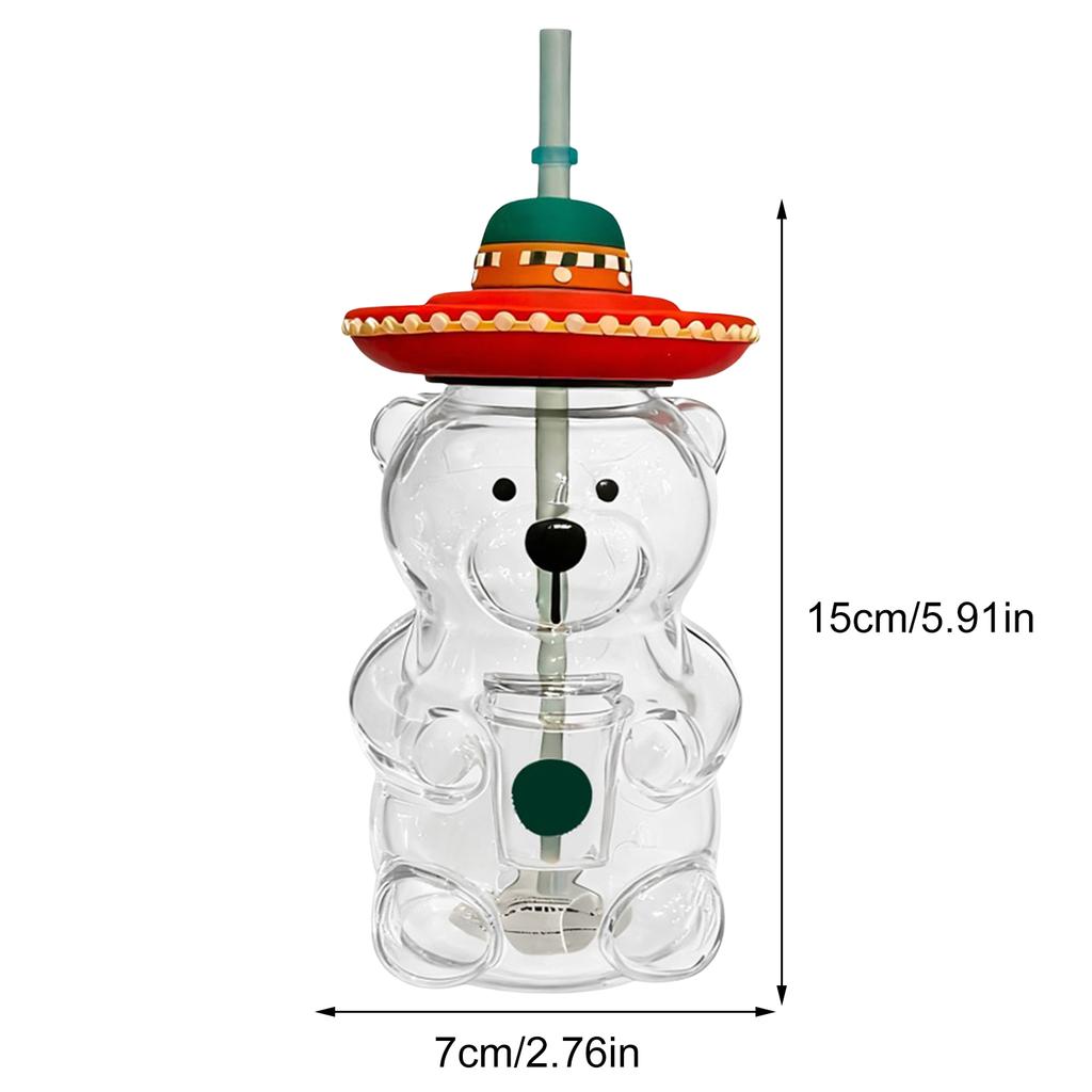 Christmas Bear Glass Jar Cute Transparent Cold Cup with Straw Reusable Water Bottle Milk Beverage Tumbler for Holiday Party