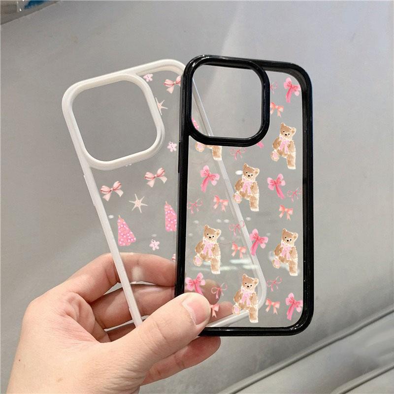 Pink Bow Bear Christmas Tree Phone Case for iPhone 17 16 15 14 13 12 11 Pro Max 12 Mini 16 Plus 16E 17Air Anti-Fall Clear Cover