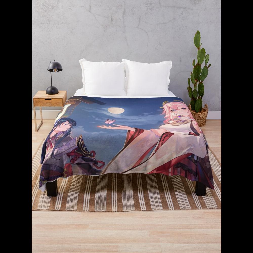 Yae Miko Raiden Shogun Baal Genshin Impact Throw Blanket for Cozy Home Decor and Gaming Fans 75X95CM