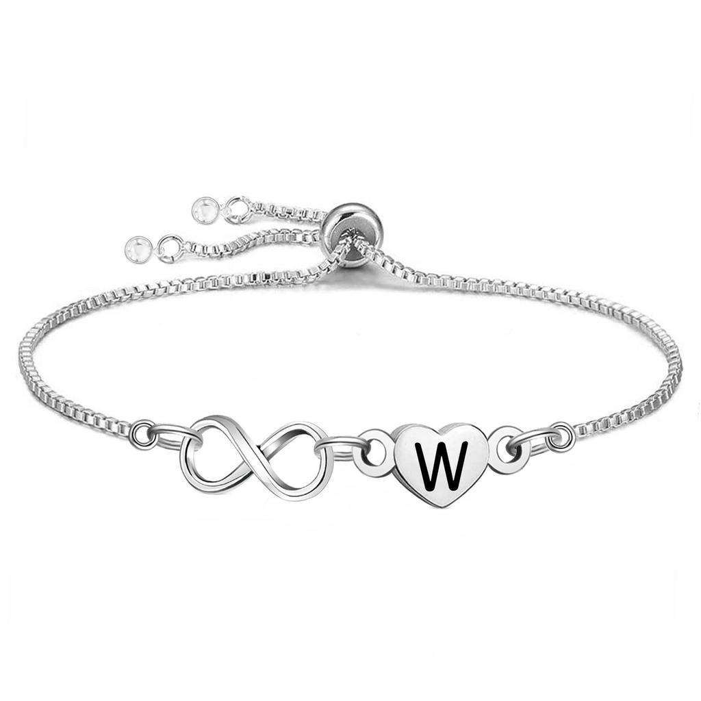 Stainless Steel Infinity Heart Initial Letter Bracelet Adjustable Slider Box Chain Bracelet for Women
