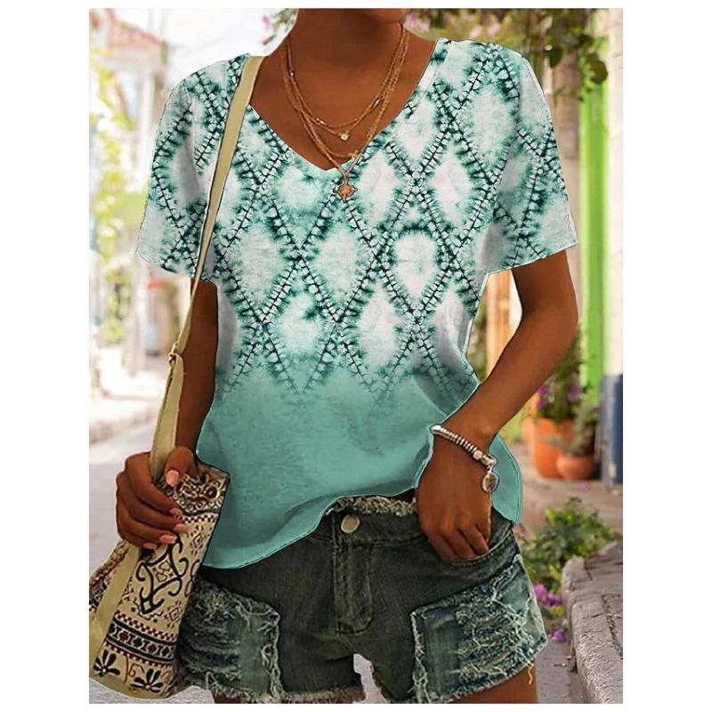 Loose Women's V-Neck Short Sleeve Graffiti Printed Casual Top T-Shirts Women’s