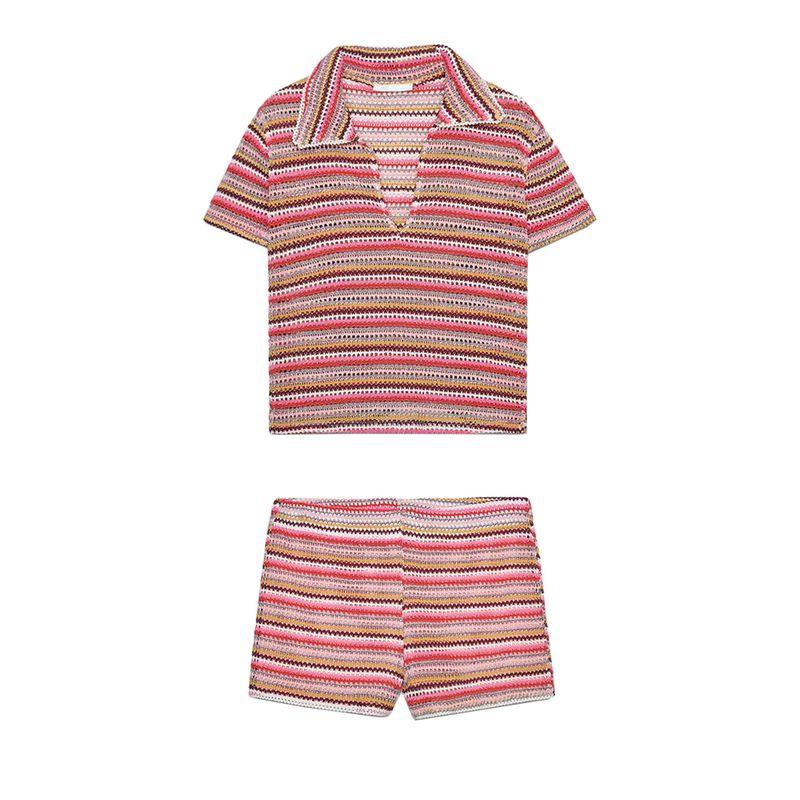Crochet Minimalist Comfortable Short Sleeve Polo Shirt 1131809 Stripes Girly Style Casual Shorts 1131810