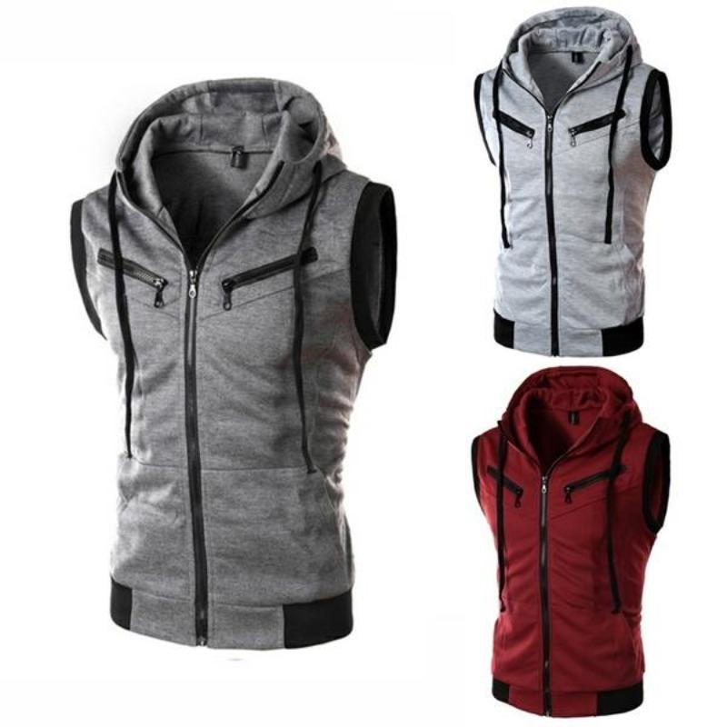 Jamickiki Newest Fashion Outdoor Men's Sleeveless Zipper Tank Top Joggers Vest Hooded Waistcoat Sleeveless Hoodies. 3 Colors