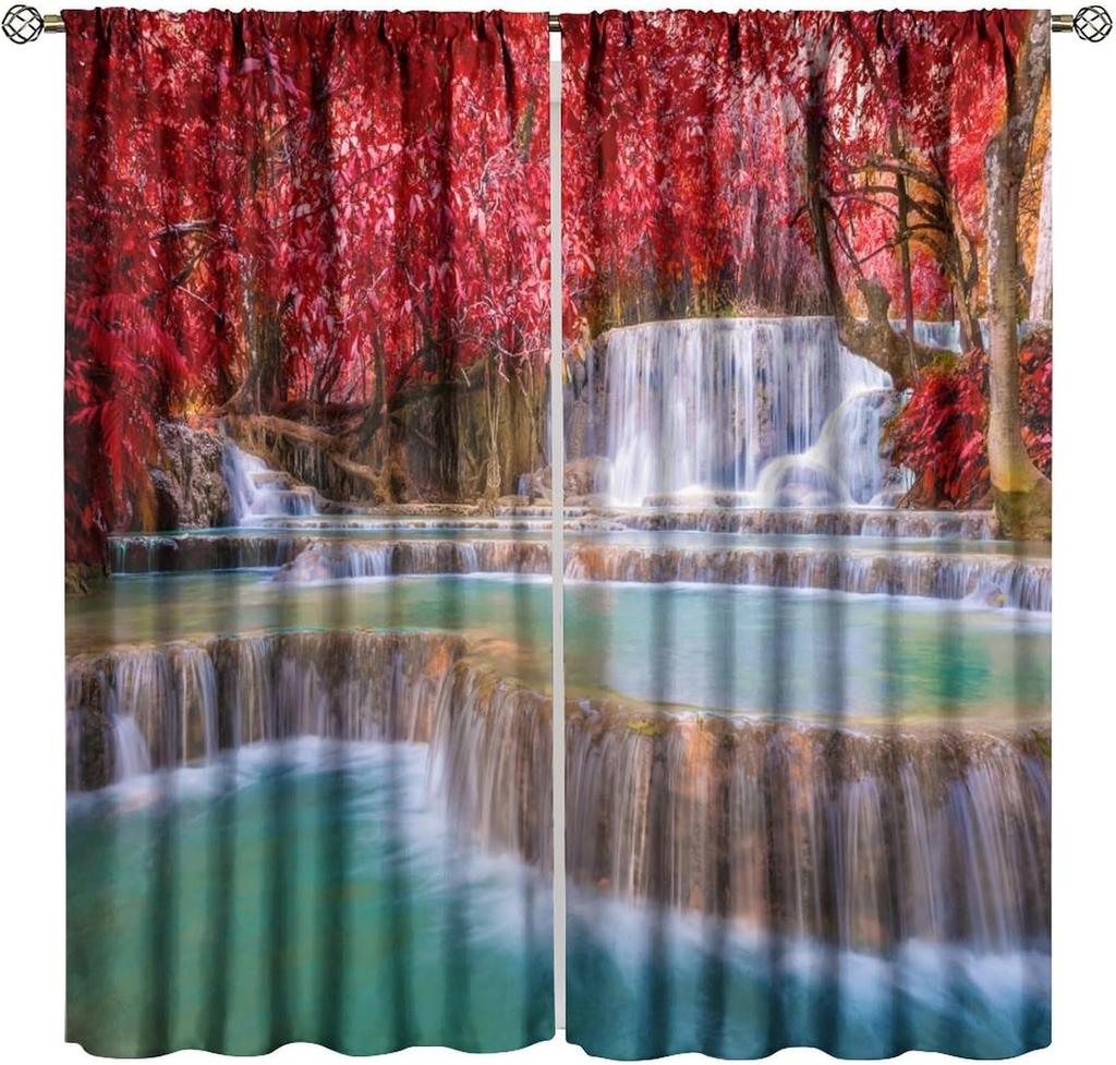 Blackout Red Forest Waterfall Windows Curtains Tree Landscape Woodland Scenic Nature Fall Scenery Art Printed Curtain Made Of Polyester Washable