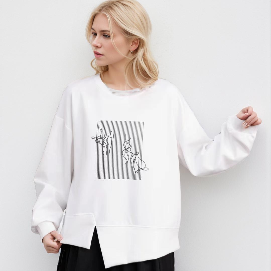 

DIMANAF 2024 Осенняя толстовка с капюшоном Женская асимметричная печать Полный рукав Свободный белый пуловер One Size