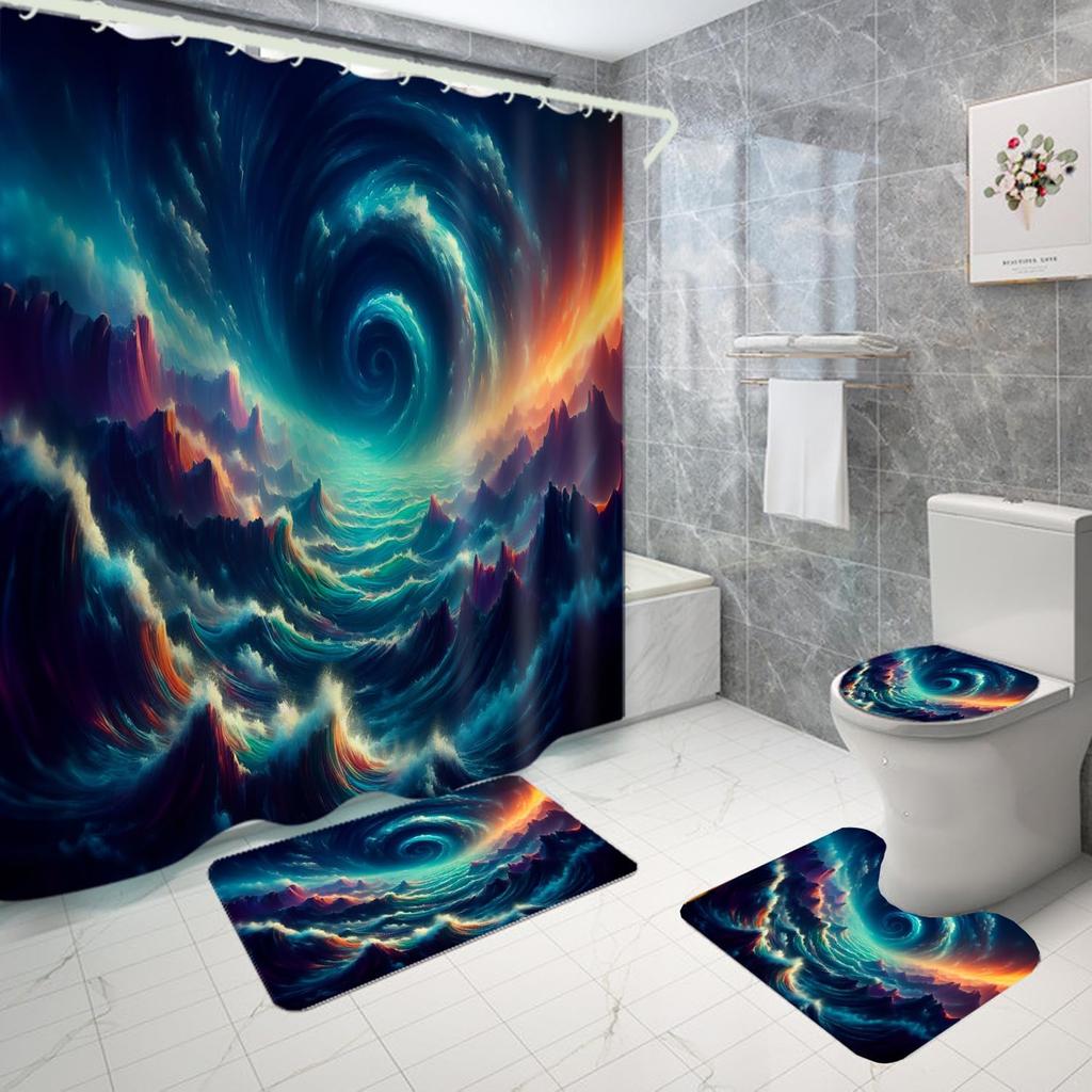 Shower Curtain And Bathroom Carpet Non-Slip Toilet Set, Home Bathtub Waterproof Shower Curtain 3D Printed Durable Polyester Fabr