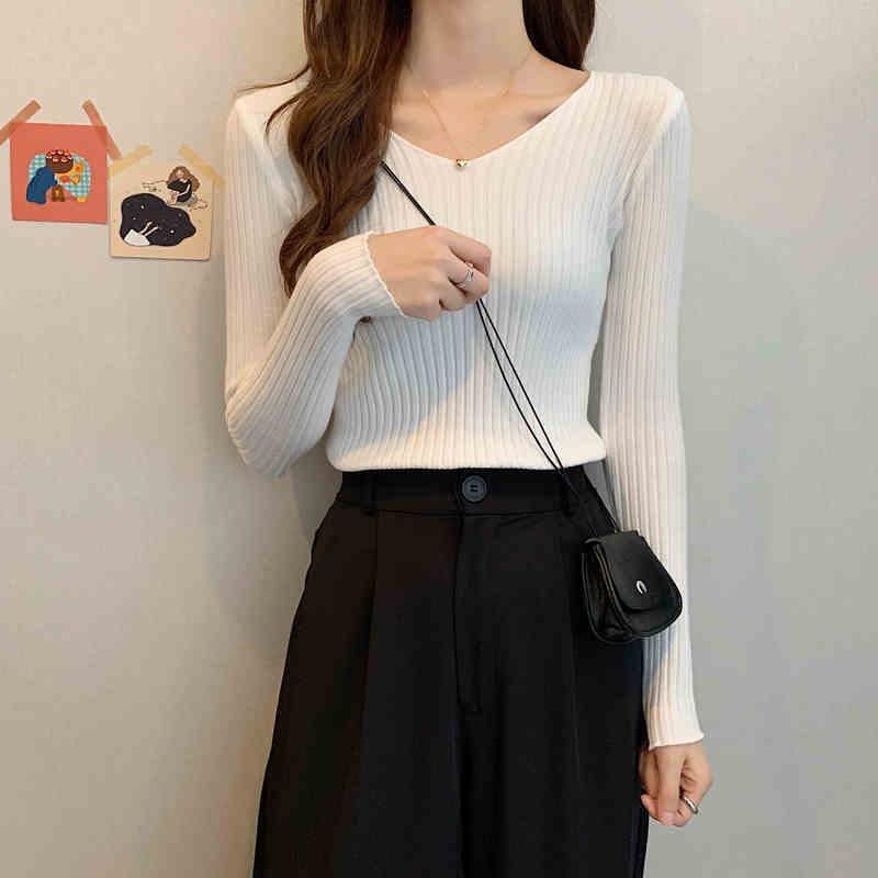 Autumn and Winter New Slim Fit V-neck Pullovers Sweaters Women Long Sleeve Base Knitted Sweater for Women Fashion Solid Casual Knitwear Jumpers 25671