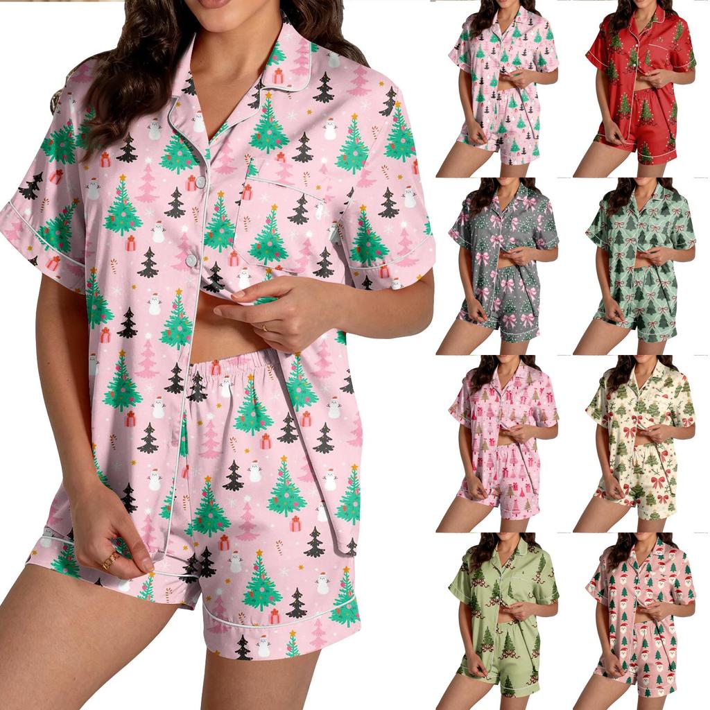 Women's Christmas Pajama Set with Short Sleeve Button Down Shirt and Pajama Shorts