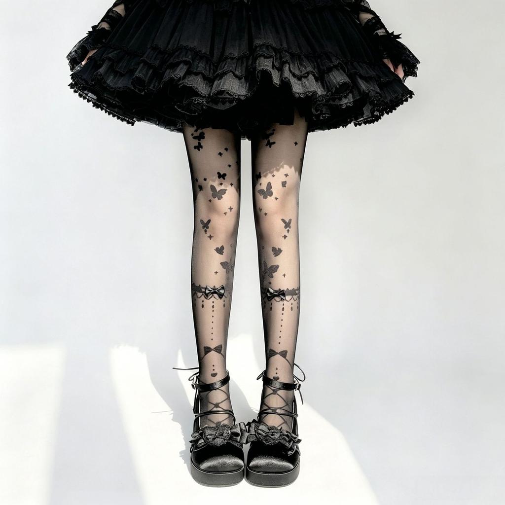 Lolita bow milk white stockings women's summer thin diamond print straps lolita ballet pantyhose