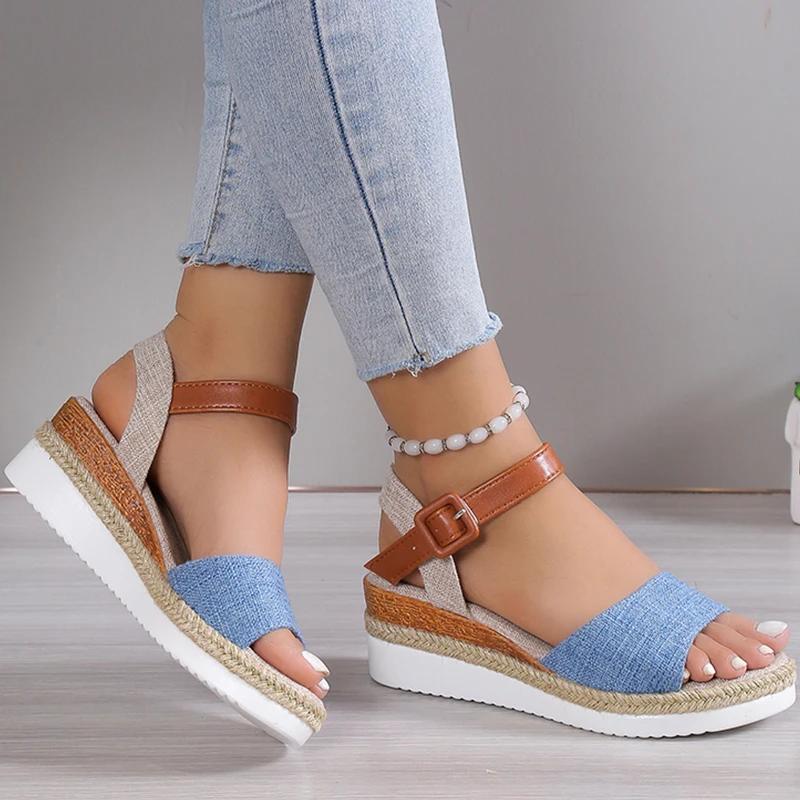 Fashion 2025 Women's Sandals Peep Toe Wedges Heels Sandals Summer Shoes Woman Low Platform Sandalias Mujer Non-slip Hemp Heeled Shoes