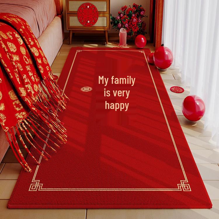 Festive Red Velvet Wedding Bedside Rug - Elegant Chinese-Inspired Bedroom Carpet for Wedding Decor