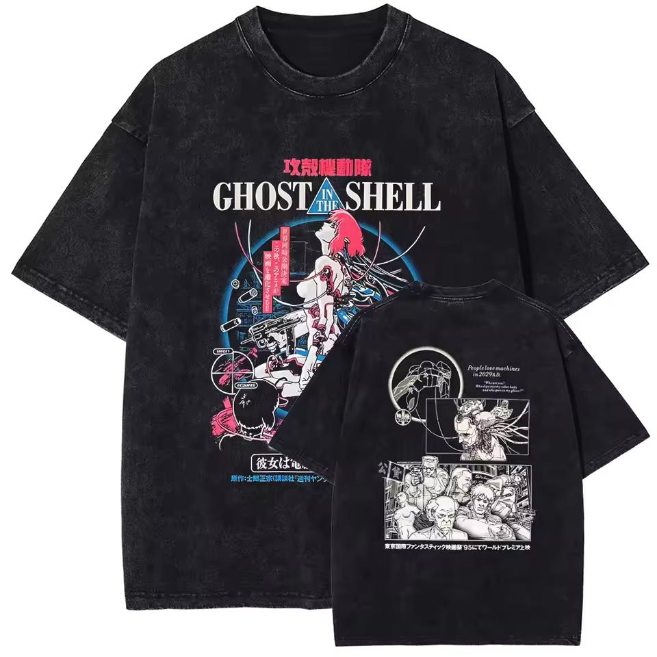 2026 Ghost In The Shell Manga Panel Two Side Vintage Washed Cyberpunk Anime Graphic T-Shirt Unisex Oversized Y2K Streetwear Tee