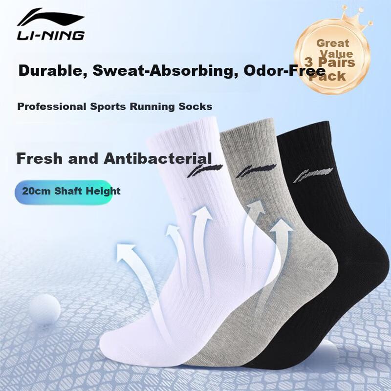 LI-NING Socks (3 Pairs) Sports Socks Yoga Socks All-Season Antibacterial Durable Running Socks Cotton Socks Black White Gray