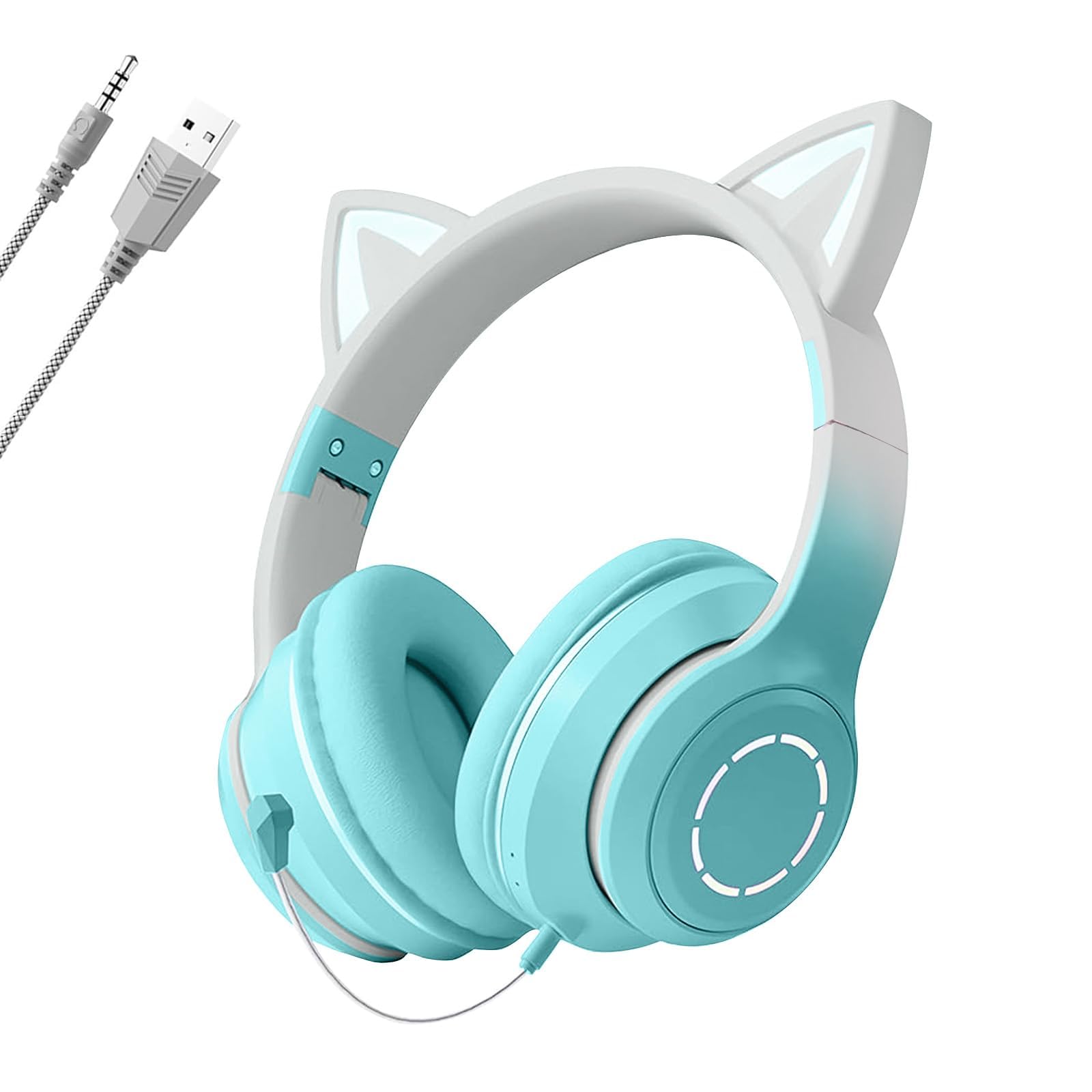 

Cute Cat Ear Headphones, Bluetooth 5.1, Kids Headphones, with LED, Rainbow Color Transformation, Wireless, Microphone, Closed-Back, Cute,
