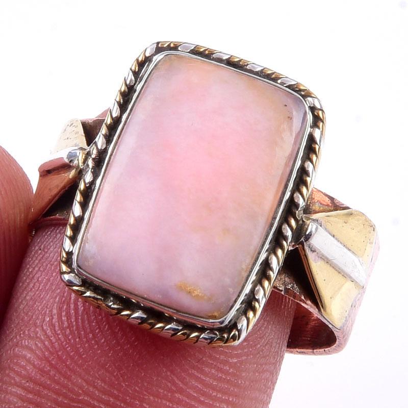 

Natural Pink Opal Gemstone Handmade 925 Sterling Silver Two Tone Ring S.9.5 I1V26