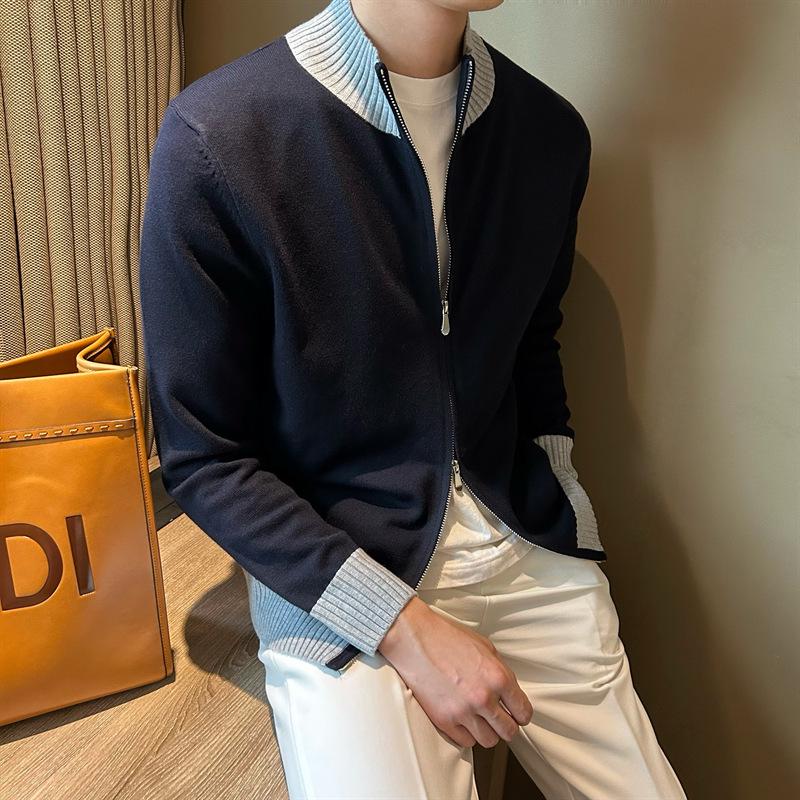 

Men s Color Block Zip-Up Knit Cardigan: Slim Fit, Long Sleeve, Minimalist Stand-Up Collar - Korean Style. XXL темно-синього кольору