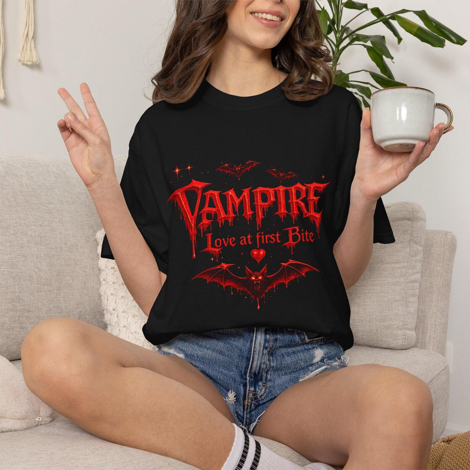 Vampire Love at First Bite Unisex Garment Dyed T shirtt, Gothic Bat Horror Tee S