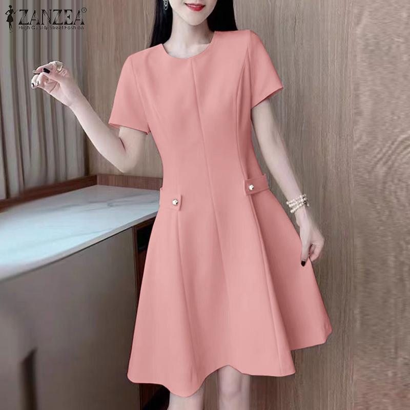 ZANZEA Women Casual Round Neck Short Sleeve Summer Elegant Dress