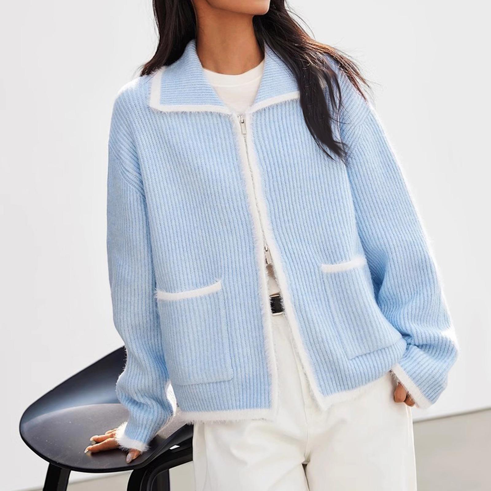 

Женский модный повседневный кардиган с длинным рукавом, контрастной расцветки, с карманами, на молнии, вязаный свитер-куртка из искусственной норки One Size