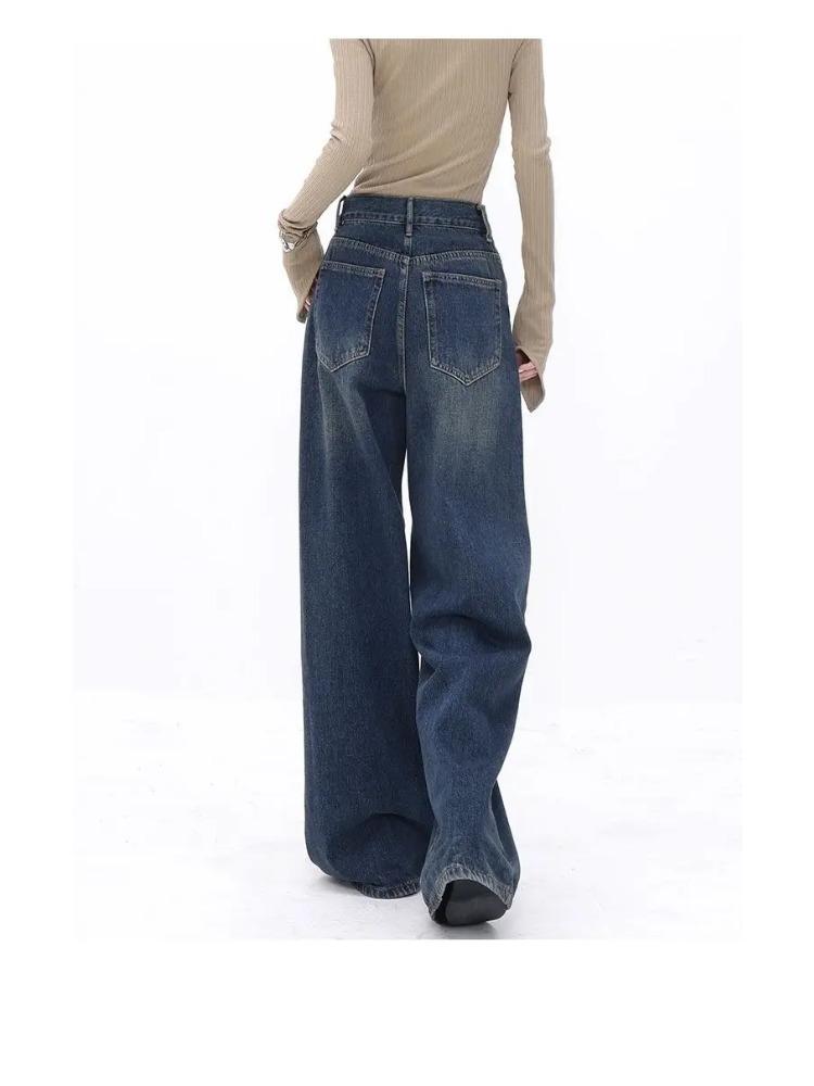 American Vintage High Waist Oversized Jeans Pants for Women Casual Baggy Y2K Wide Leg Fashion Streetwear Blue Denim Trouser