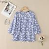 Women Casual Round Neck 3/4 Sleeve Loose Print Blouse