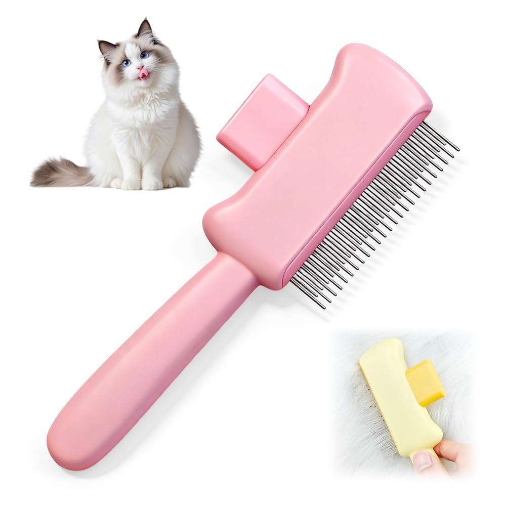 Self-cleaning pet hair brush for cats, cat grooming brush, with long and short stainless steel teeth, household pet grooming brush