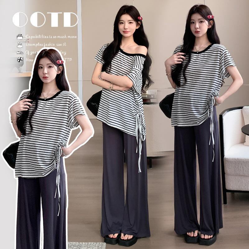 2026 Classic Striped Maternity Set: Short Sleeve Top & Long Pants M