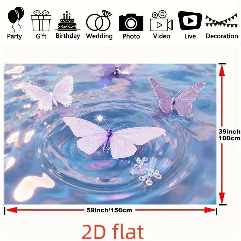 2D Magical Water Ripple Backdrop with Purple and White Butterflies for Aesthetic Room Decor