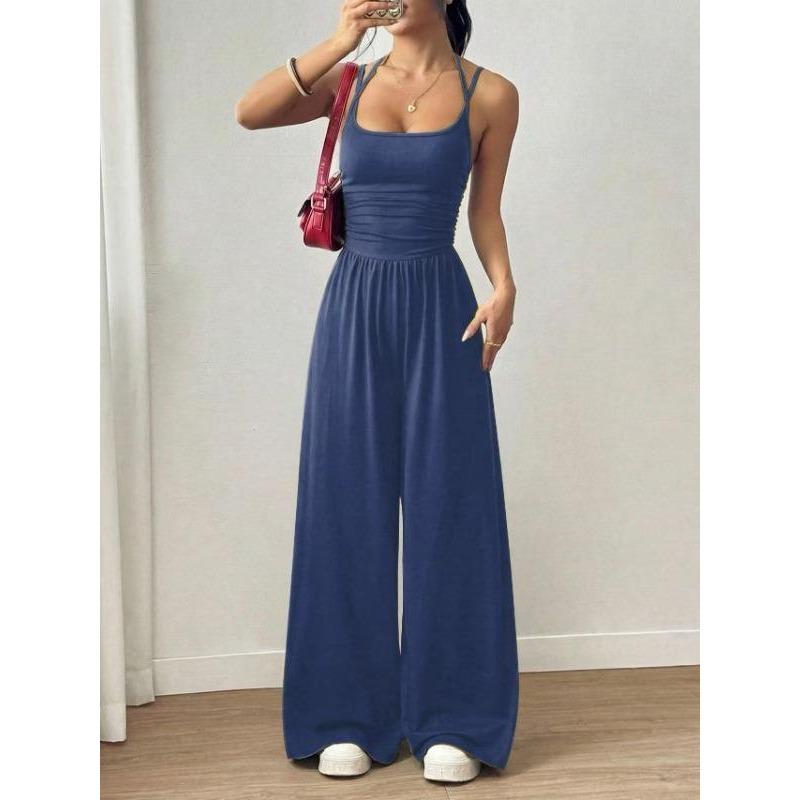 

women s Spaghetti Strap Solid Color Elastic Waist Wide Leg Jumpsuit Casual Loose Romper Overall 2XL сіро блакитний колір