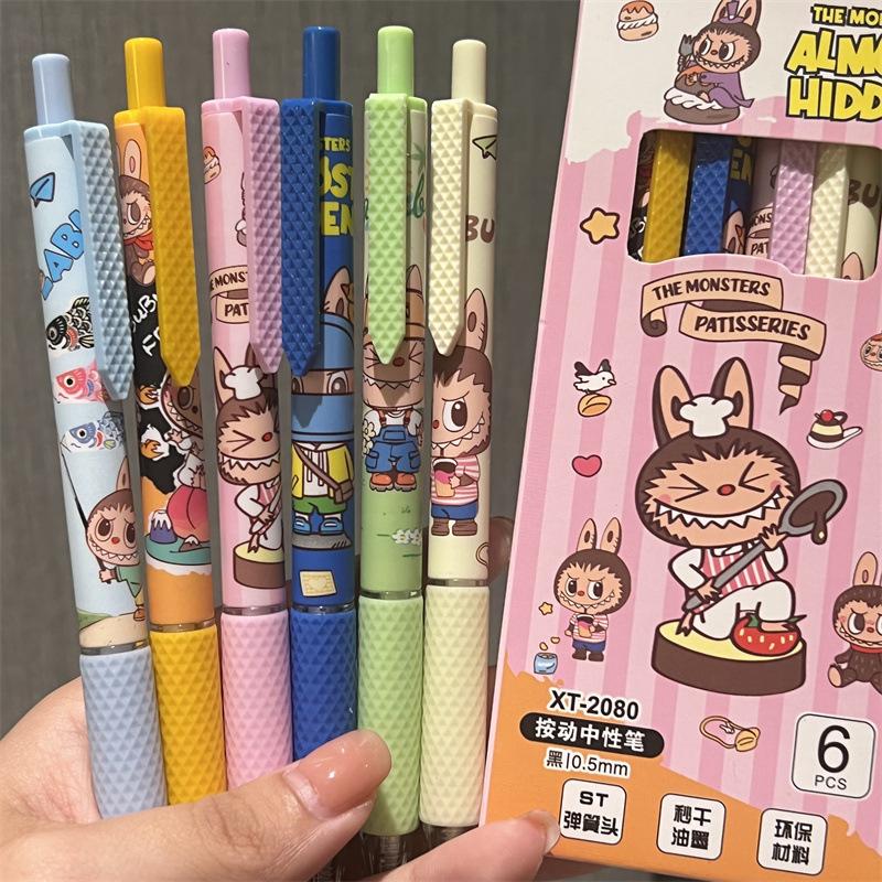6Pcs Cute Cartoon Labubu Gel Pen Kawaii 0.5Mm Black Ink Press Pen School Supplies Girl&Child Stationery Gifts