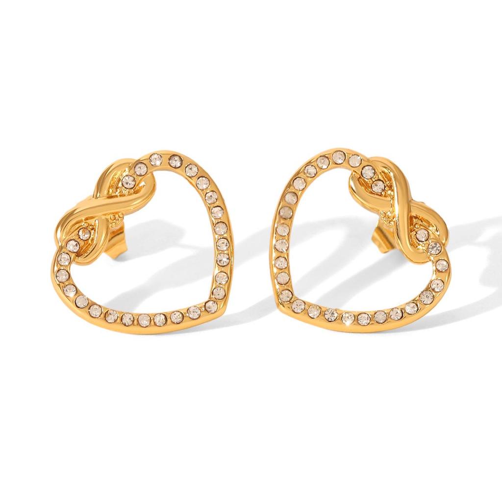 18k Gold Plated Stainless Steel Rhinestone Heart-shaped Earrings with Hollow Design in Sweet Niche Style