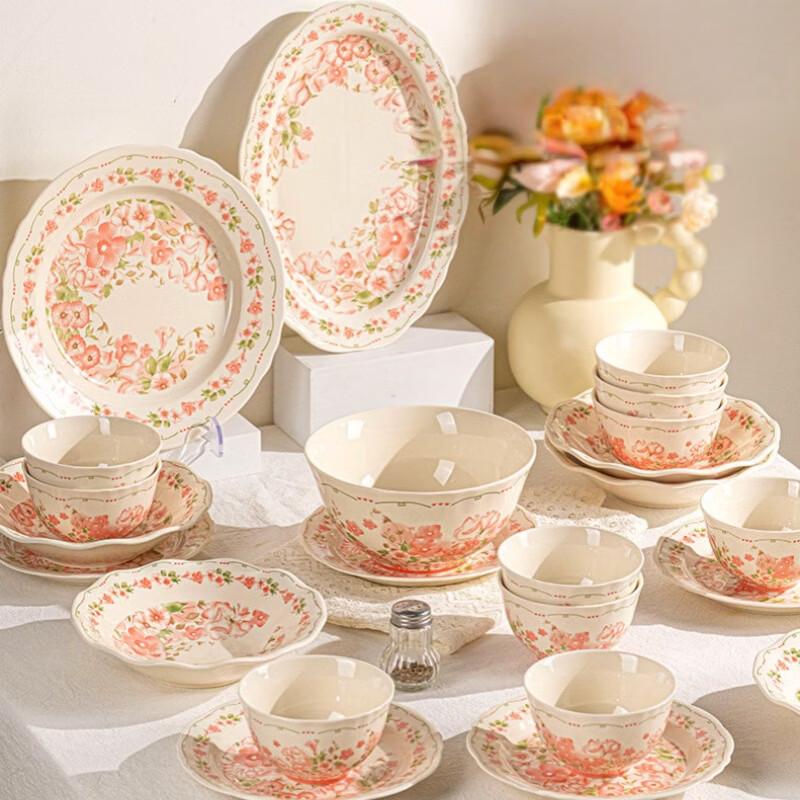 Elegant Cream Floral Underglaze Ceramic Dinnerware Set