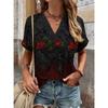 Summer new ethnic style full printed V-neck roll-sleeve fashion casual large size women's short-sleeved T-shirt
