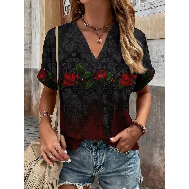 Summer new ethnic style full printed V-neck roll-sleeve fashion casual large size women's short-sleeved T-shirt