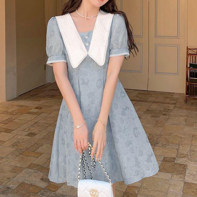 2026 Plus Size French Doll Collar Printed Dress - Retro Waist-Cinched A-Line Skirt for Summer