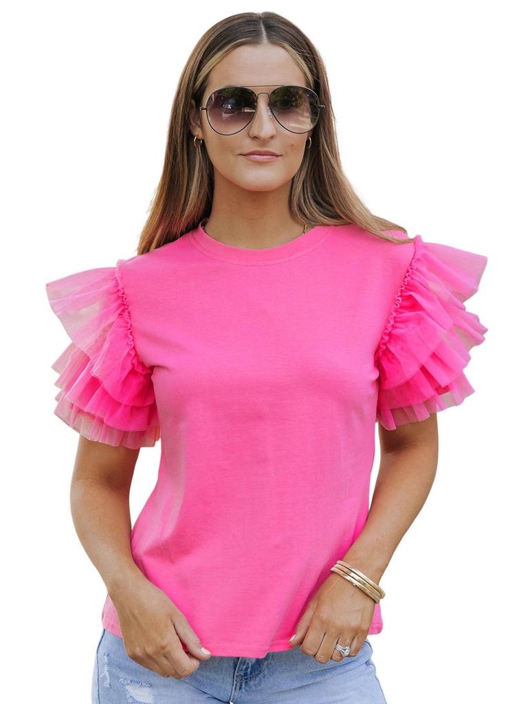 European and American Summer Gauze Ruffle Sleeve Women's Cropped T-Shirt
