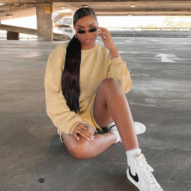 eBay hot sale, European and American spring and autumn hot sale solid color long-sleeved shorts sweater suit women