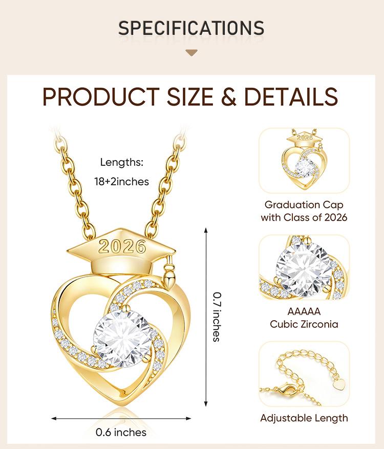 Luxury 14K Gold Plated Heart Graduation Cap Necklace for Women Zircon Pendant Class of 2026 Memorial Jewelry Gift for Daughter