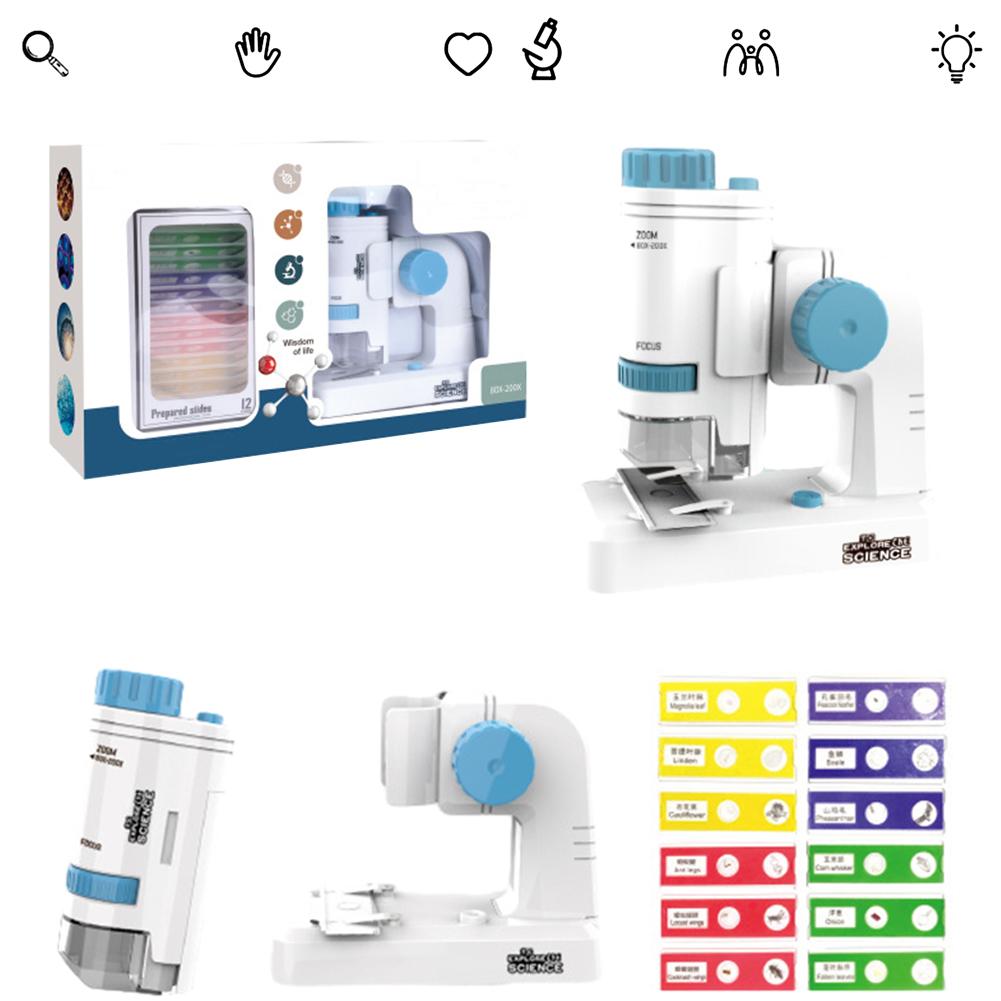 

80-200X Міні-мікроскоп з основою Біологічний науковий мікроскоп 12 шт. предметні скла для зразків Дитячий мікроскоп зі світлодіодним підсвічуванням microscope рожевий