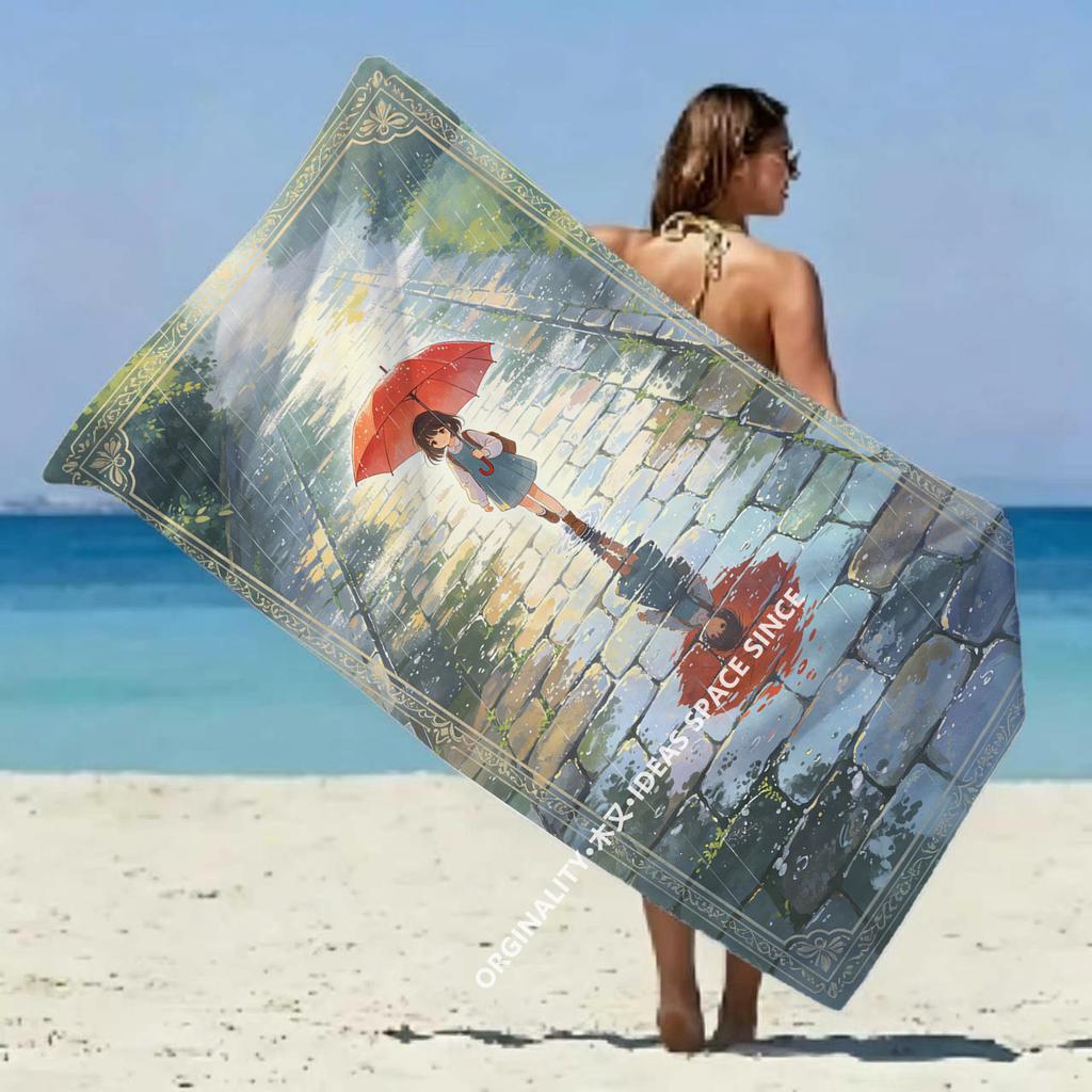 Vintage Rainy Girl Print Beach Towel Patterned Sunscreen And Windproof Suitable For Swimming Pool Camping Travel Blanket