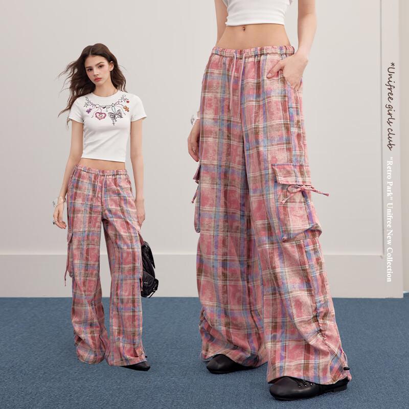 UNIFREE Pink Plaid Distressed Two-Way Cargo Pants