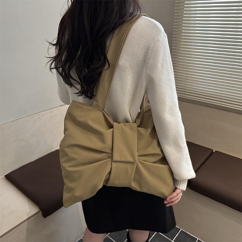 Korean Retro Solid Color Pleated Bow Shoulder Bags for Women Large Capacity Ladies Tote Bag Simple Student Handbags with Zipper